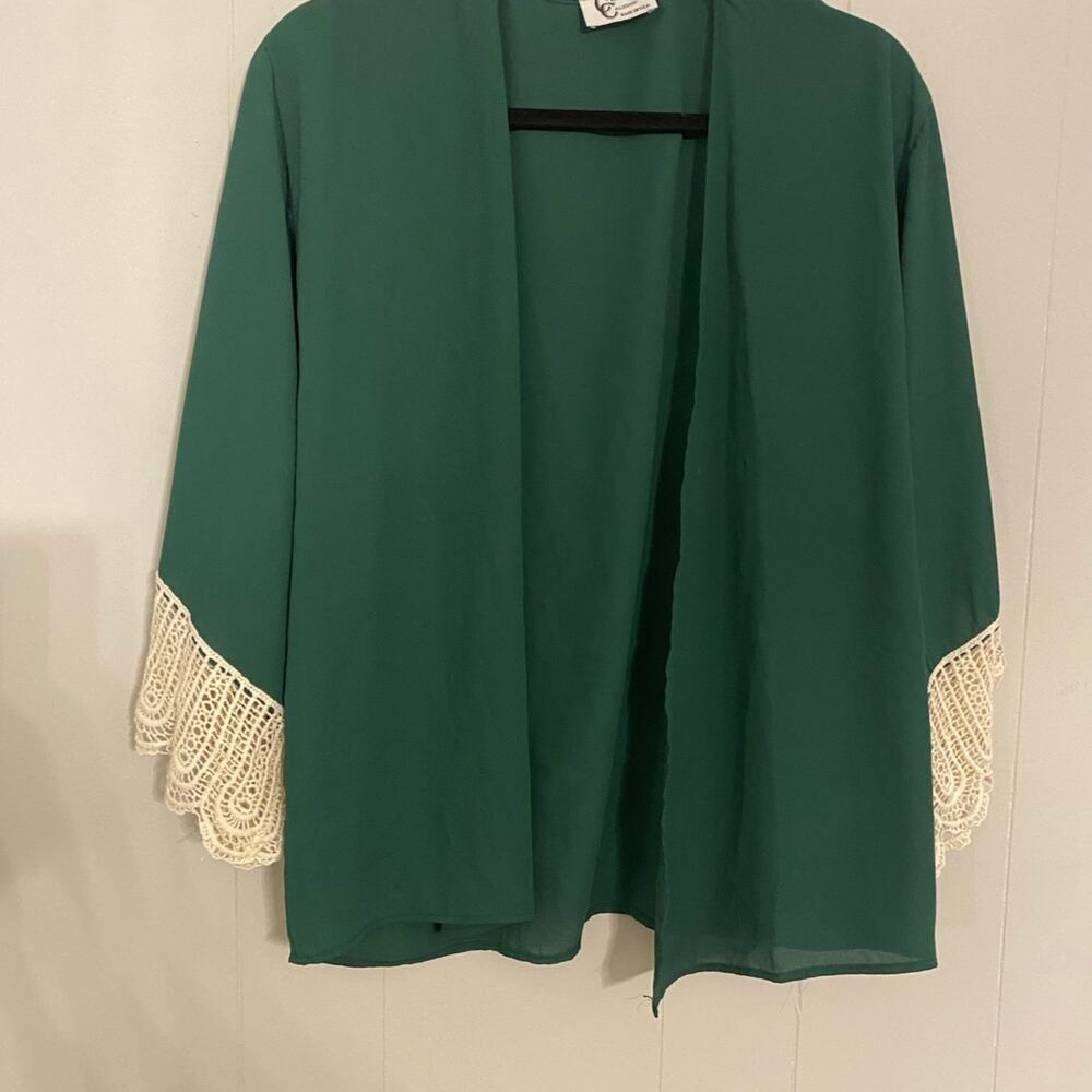 Christian Caliendo Flounce Lace Sleeve Chiffon‎ Cardigan Shrug Emerald Green Med